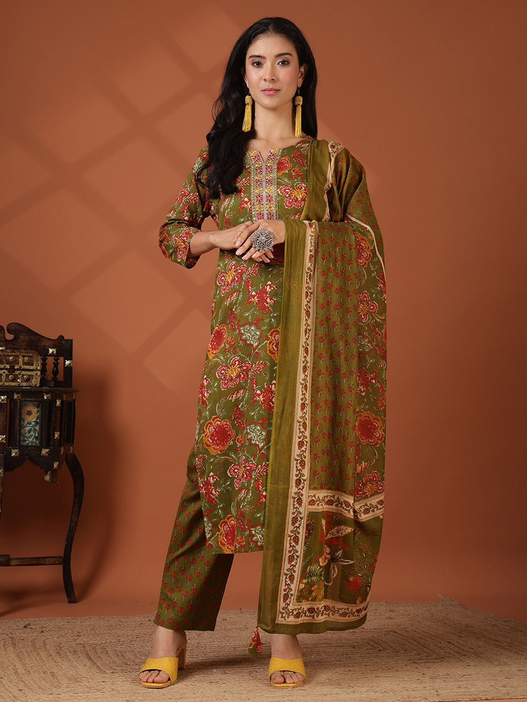 Printed Cotton Blend Kurta With Pant &amp; Dupatta