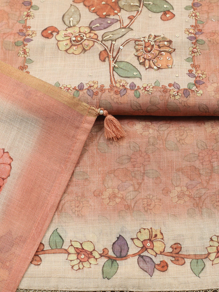 Printed Linen Blend Unstitched Suit With Pant &amp; Dupatta