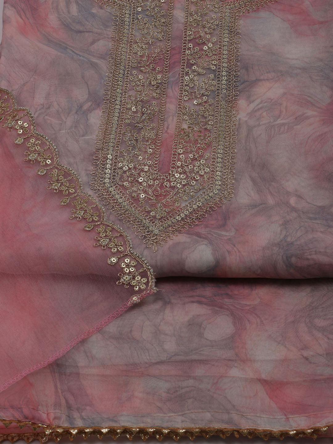 Neck Embroidered Organza Unstitched Suit With Dupatta