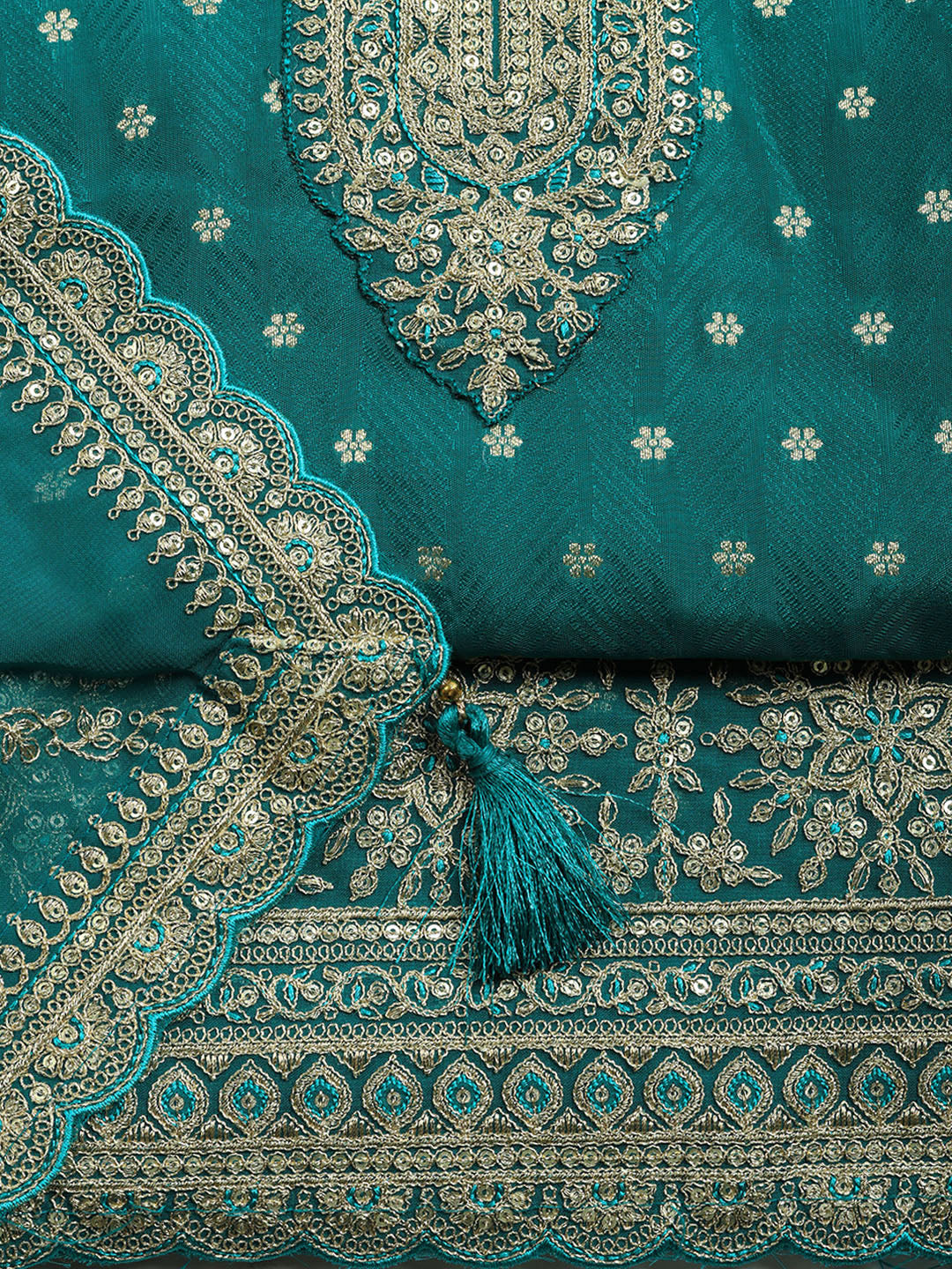 Embroidered Art Silk Unstitched Suit With Pant &amp; Dupatta