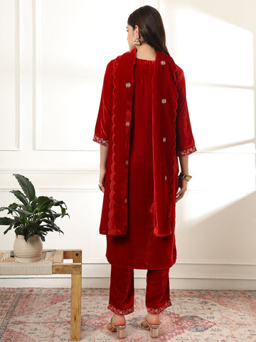 Zari Neck Embroidered Velvet Kurta With Pants & Dupatta