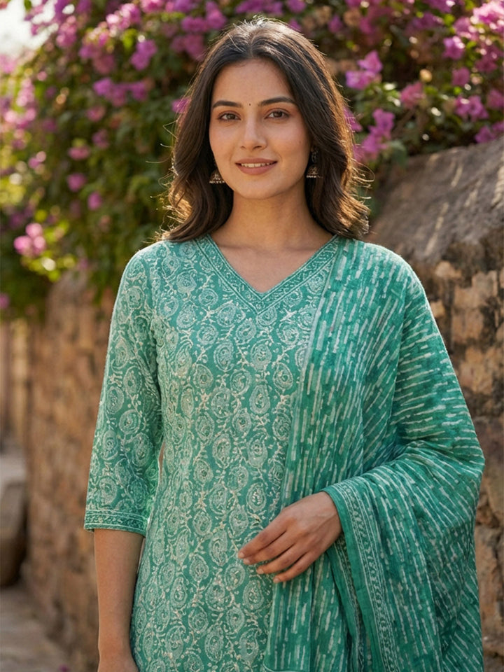 Printed Cotton Blend Suit With Pant &amp; Dupatta