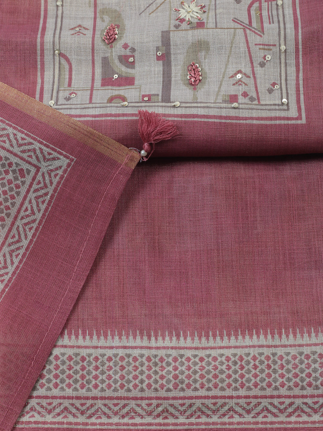 Printed Linen Blend Unstitched Suit With Pant &amp; Dupatta