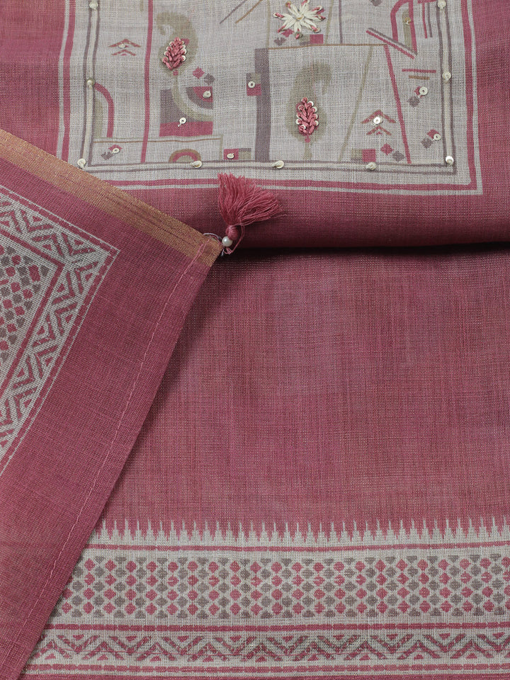 Printed Linen Blend Unstitched Suit With Pant &amp; Dupatta