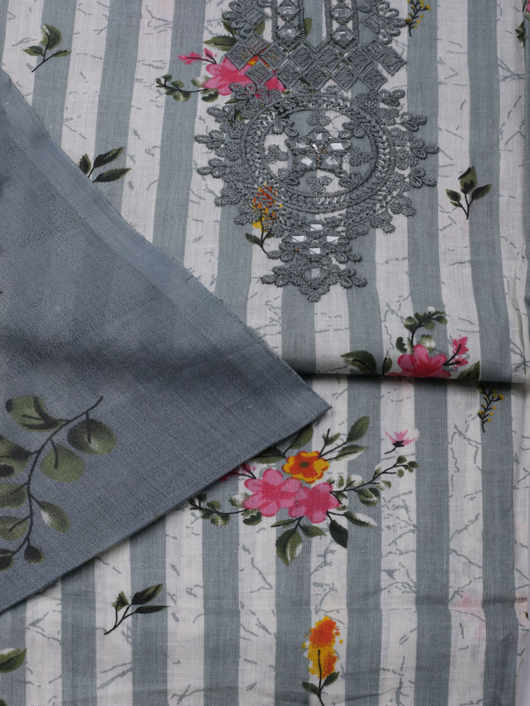 Patch Neck Cotton Blend Unstitched Suit With Dupatta