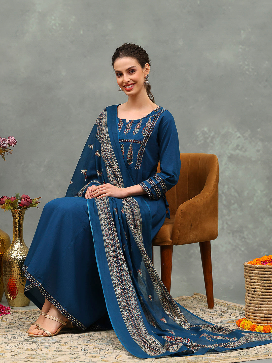 Embroidered Cotton Kurta With Pants & Dupatta