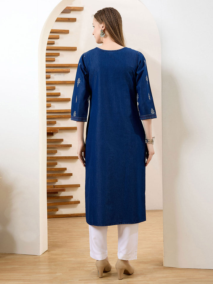Neck Embroidered Denim Kurta