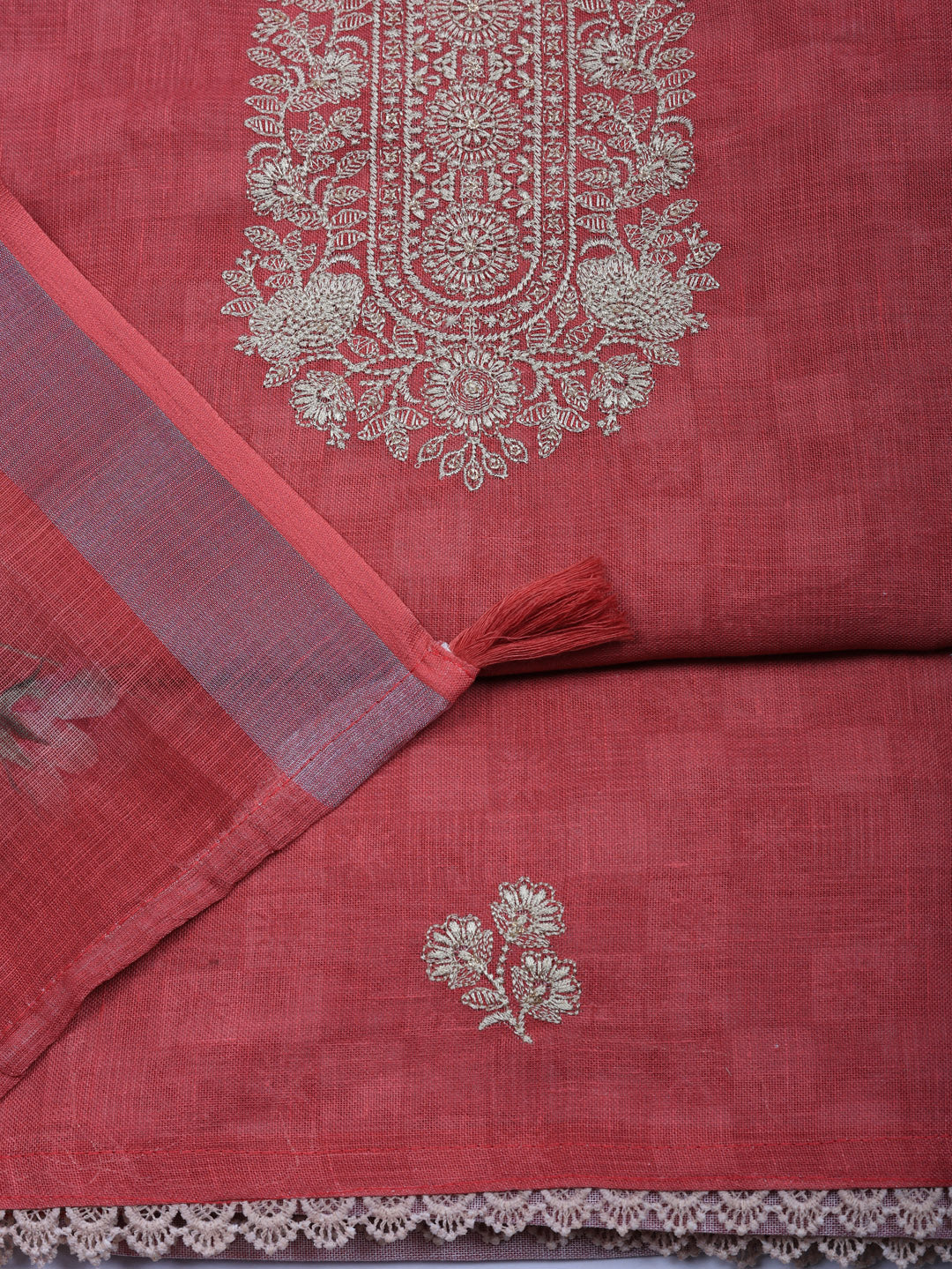 Embroidered Linen Blend Unstitched Suit With Pant &amp; Dupatta