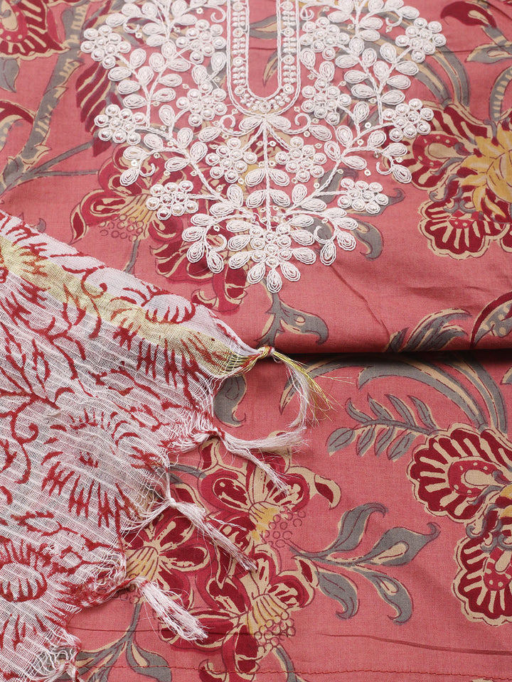 Printed Cotton Blend Unstitched Suit With Pant &amp; Dupatta