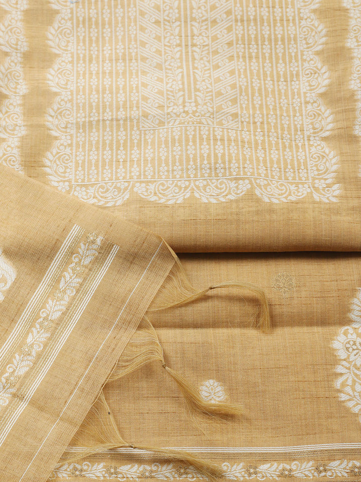 Printed Chanderi Unstitched Suit With Pant &amp; Dupatta