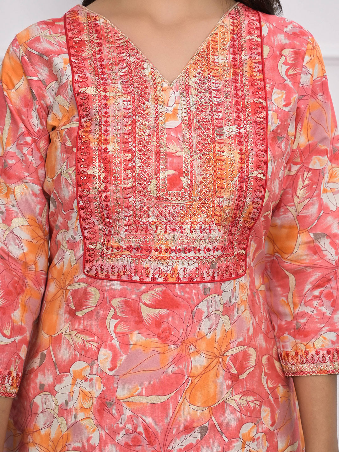 Printed Neck Embroidered Cotton Blend Kurta