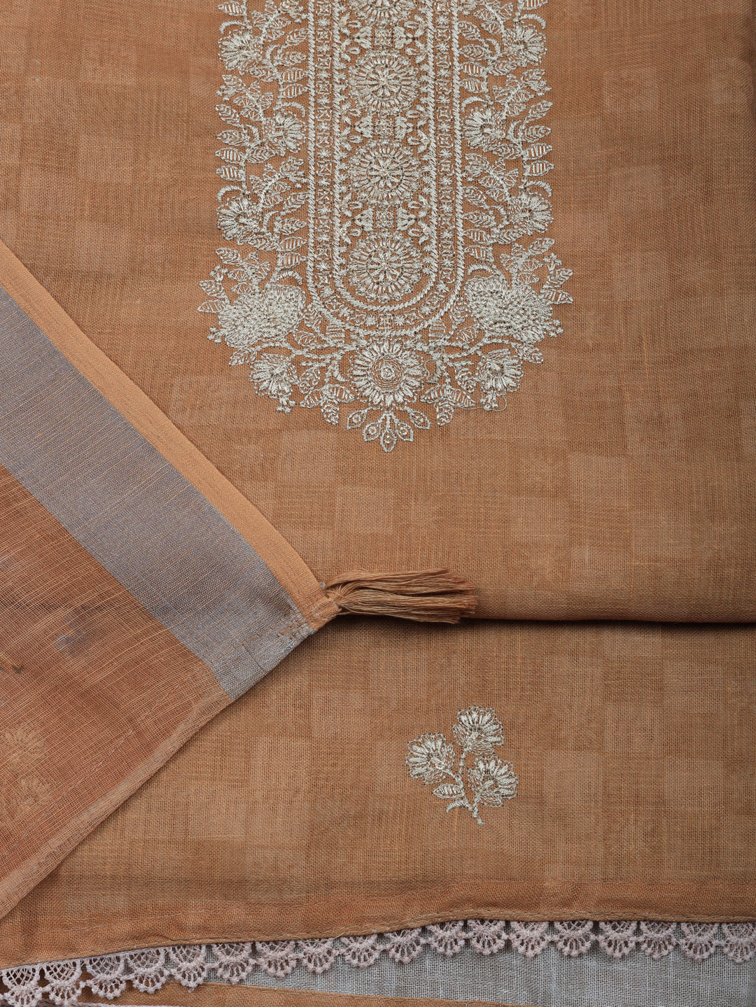 Embroidered Linen Blend Unstitched Suit With Pant &amp; Dupatta