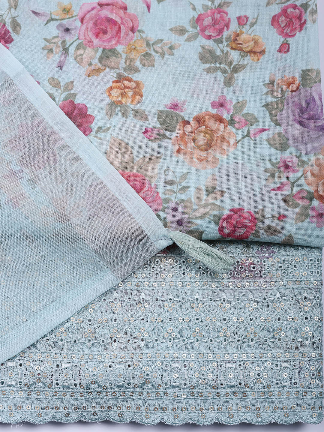 Embroidered Linen Blend Unstitched Suit With Pant &amp; Dupatta