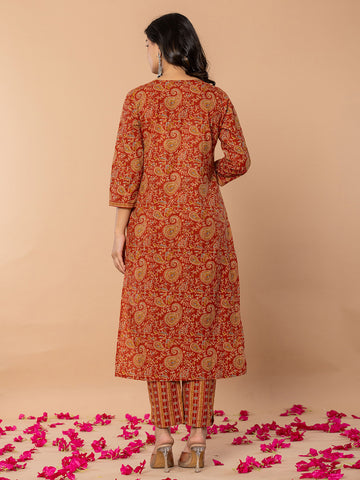 Paisley Printed Cotton Blend Kurta With Pants & Dupatta