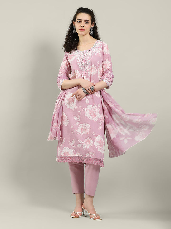 Printed Cotton Blend Kurta With Pants &amp; Dupatta