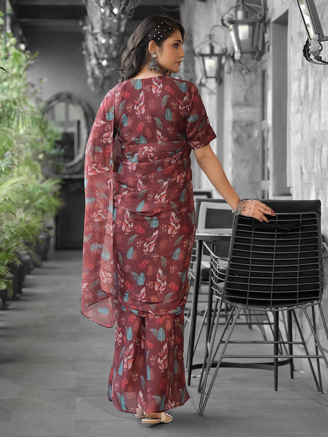 Printed Georgette Readymade Saree With Stitched Blouse