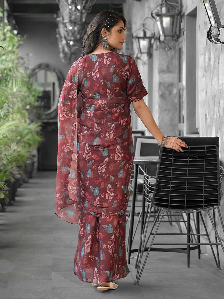 Printed Georgette Readymade Saree With Stitched Blouse