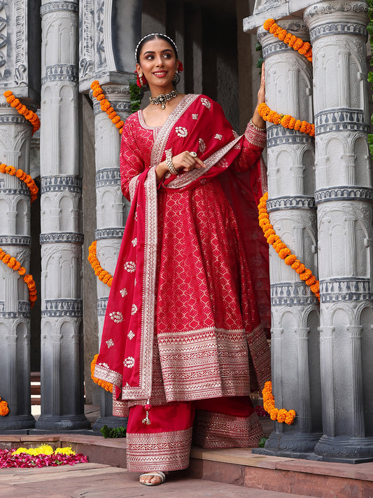 Woven Banarasi Kurti With Palazzo & Dupatta