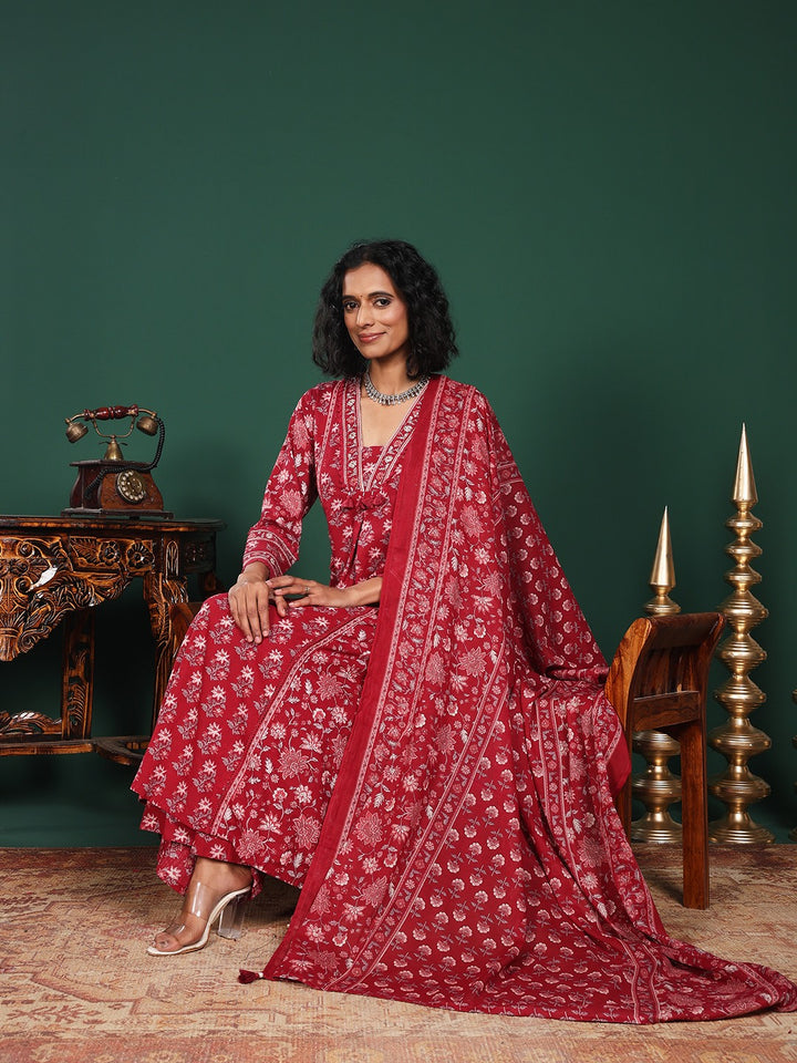 Maroon Cotton Blend Printed Straight Suit Set