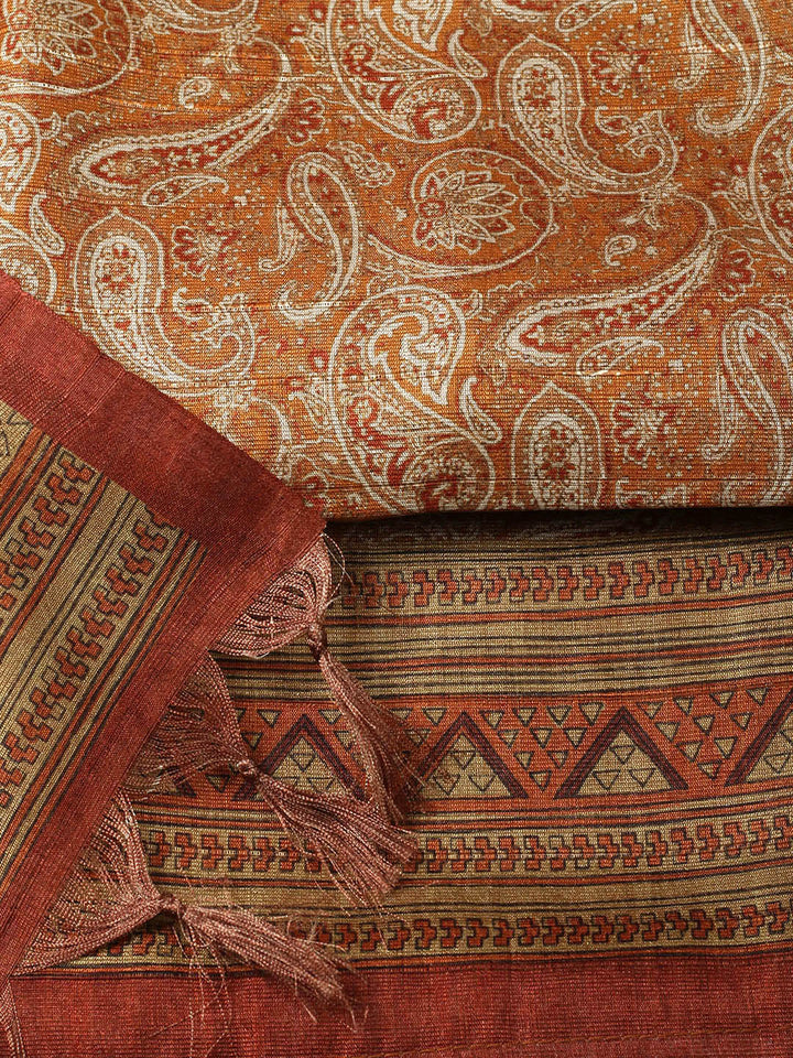 Printed Chanderi Unstitched Suit With Pant &amp; Dupatta