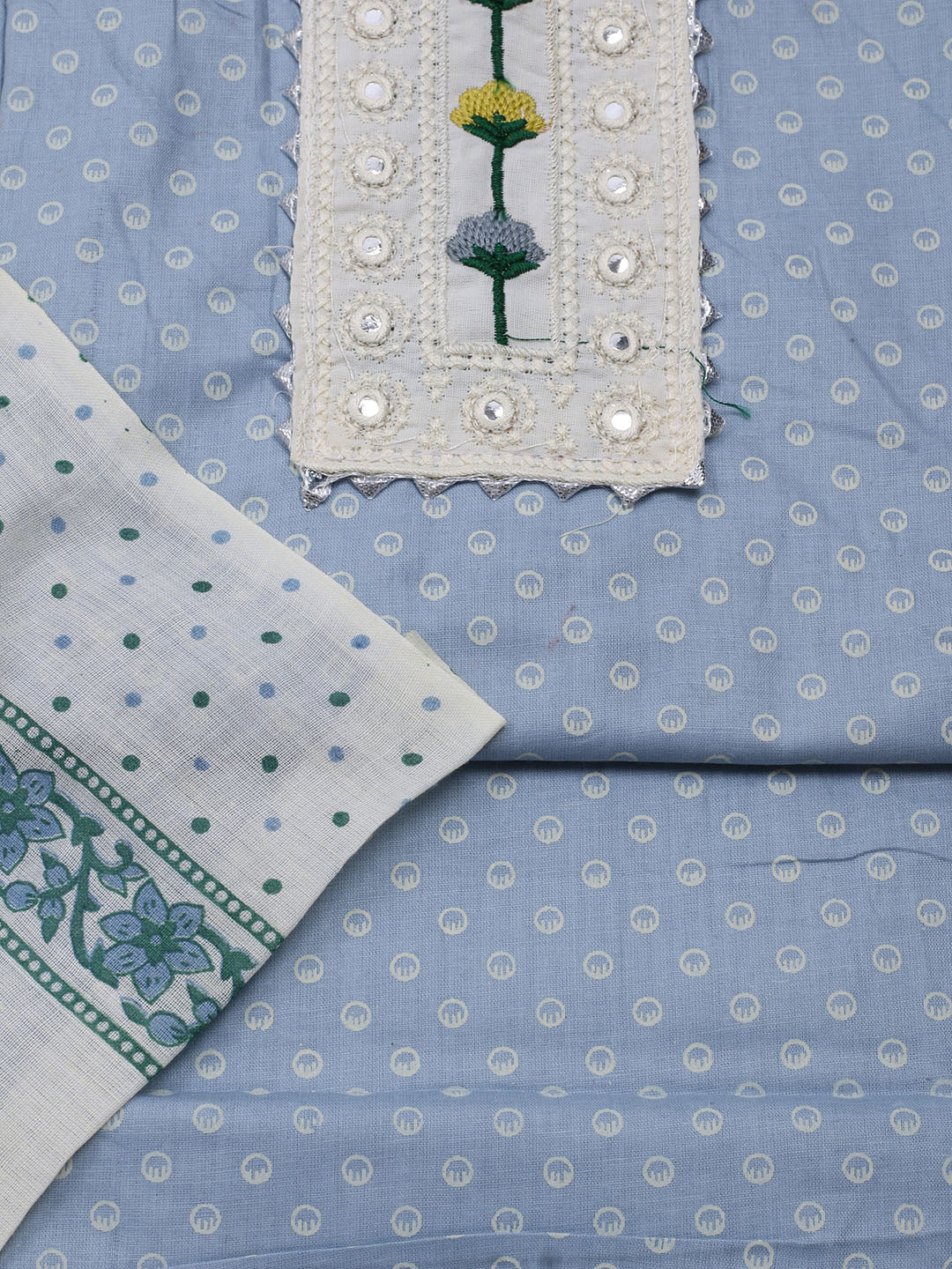 Neck Embroidered & Printed Cotton Blend Unstitched Suit With Dupatta