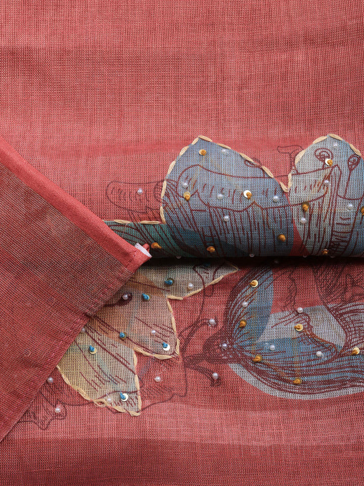 Printed Linen Blend Unstitched Suit With Pant &amp; Dupatta