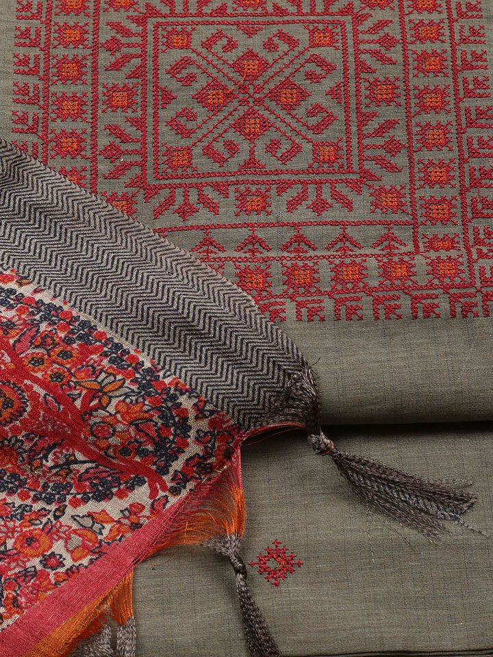 Embroidered Cotton Blend Unstitched Suit With Pant &amp; Dupatta