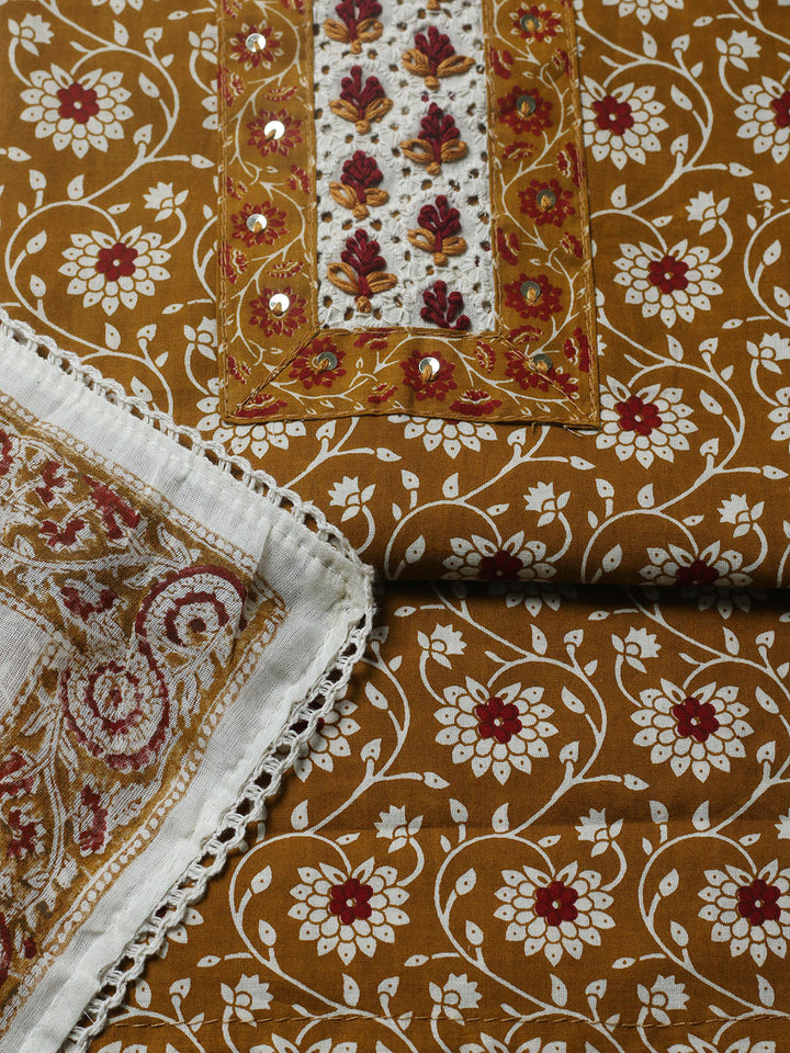 Embroidered Cotton Blend Unstitched Suit With Pant &amp; Dupatta