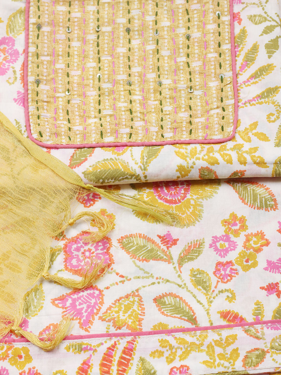 Printed Cotton Blend Unstitched Suit With Pant &amp; Dupatta