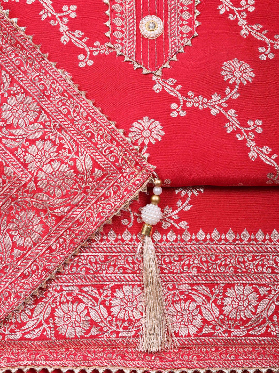 Embroidered Chanderi Unstitched Suit With Pant &amp; Dupatta