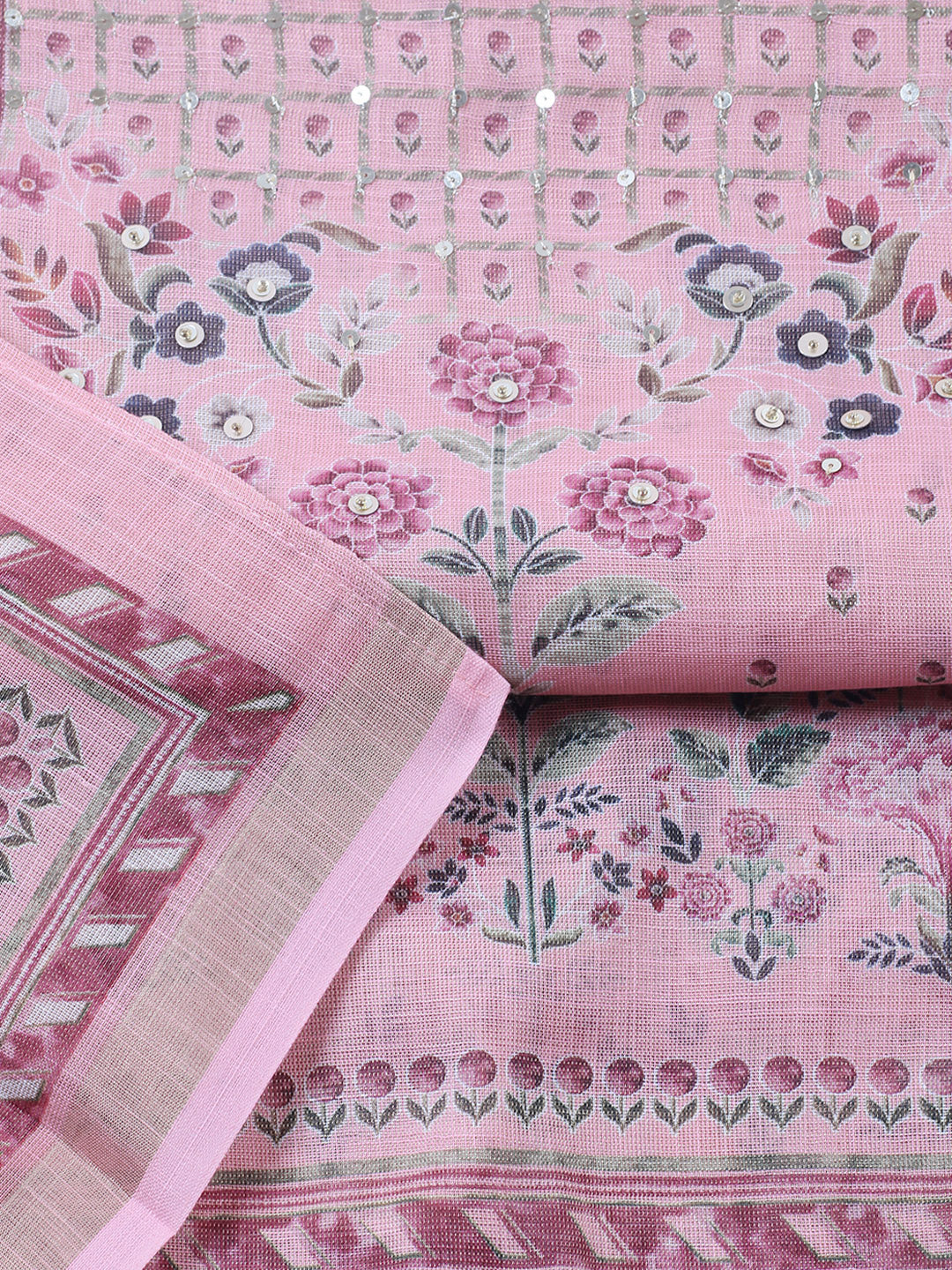Printed Linen Blend Unstitched Suit With Pant &amp; Dupatta