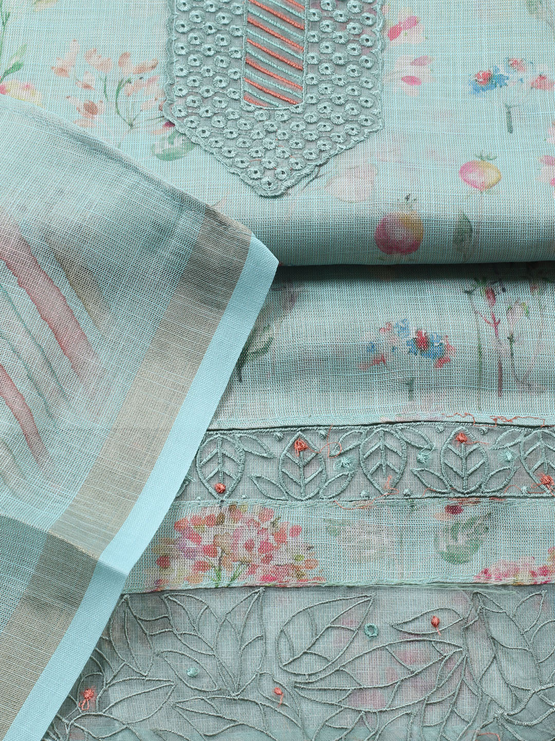 Printed Linen Blend Unstitched Suit With Pant &amp; Dupatta