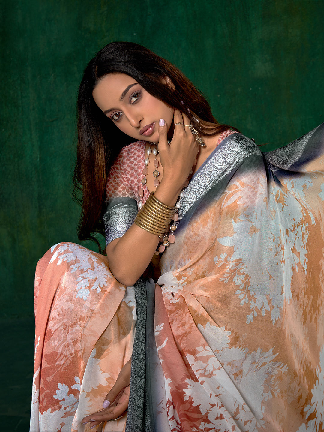 Ombre Floral Printed Georgette Saree