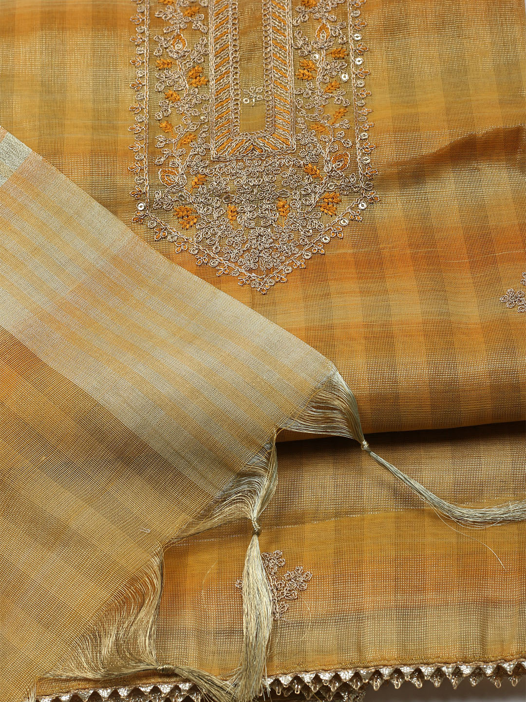 Embroidered Tissue Unstitched Kurta With Pant & Dupatta