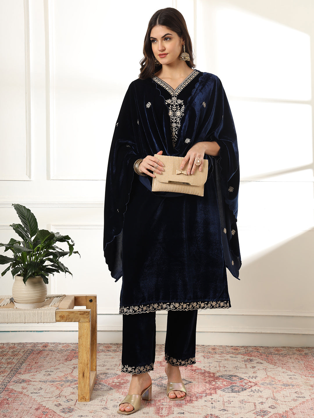 Navy Blue Embroidered Velvet Straight Suit Set With Dupatta
