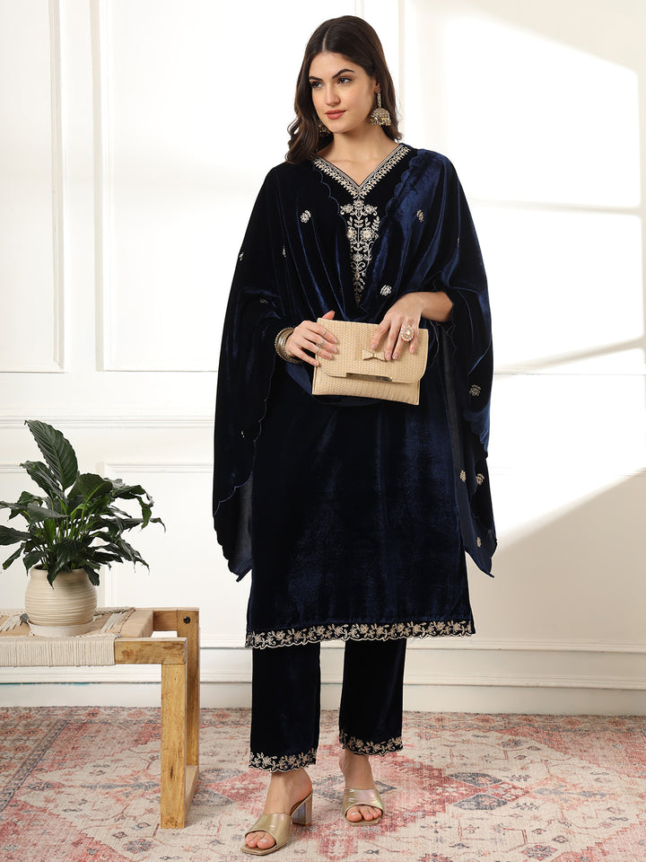 Navy Blue Embroidered Velvet Straight Suit Set With Dupatta