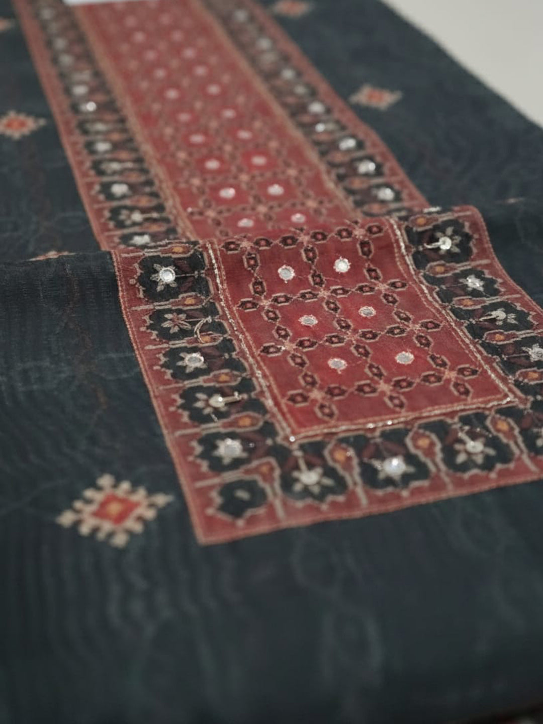Embroidered Chanderi Unstitched Suit With Pant &amp; Dupatta