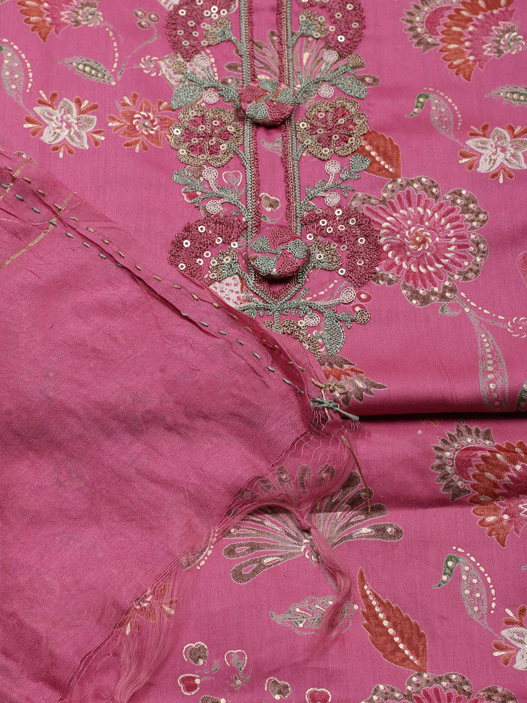 Embroidered Cotton Blend Unstitched Suit With Pant &amp; Dupatta