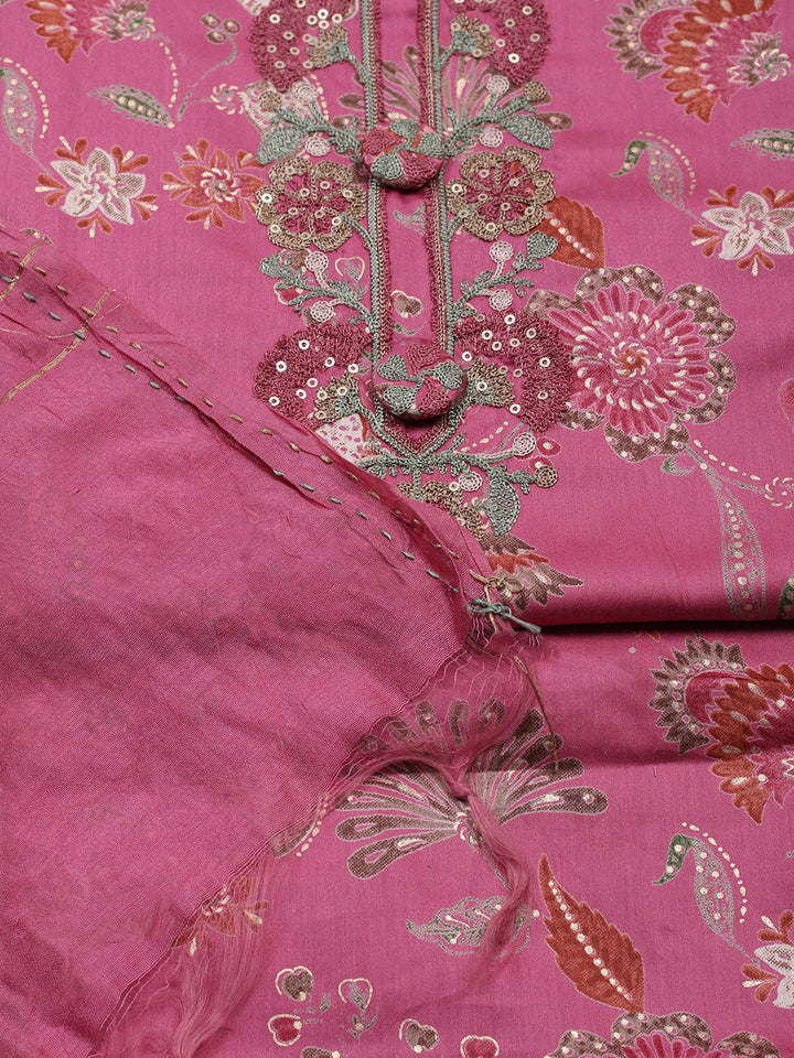 Embroidered Cotton Blend Unstitched Suit With Pant &amp; Dupatta