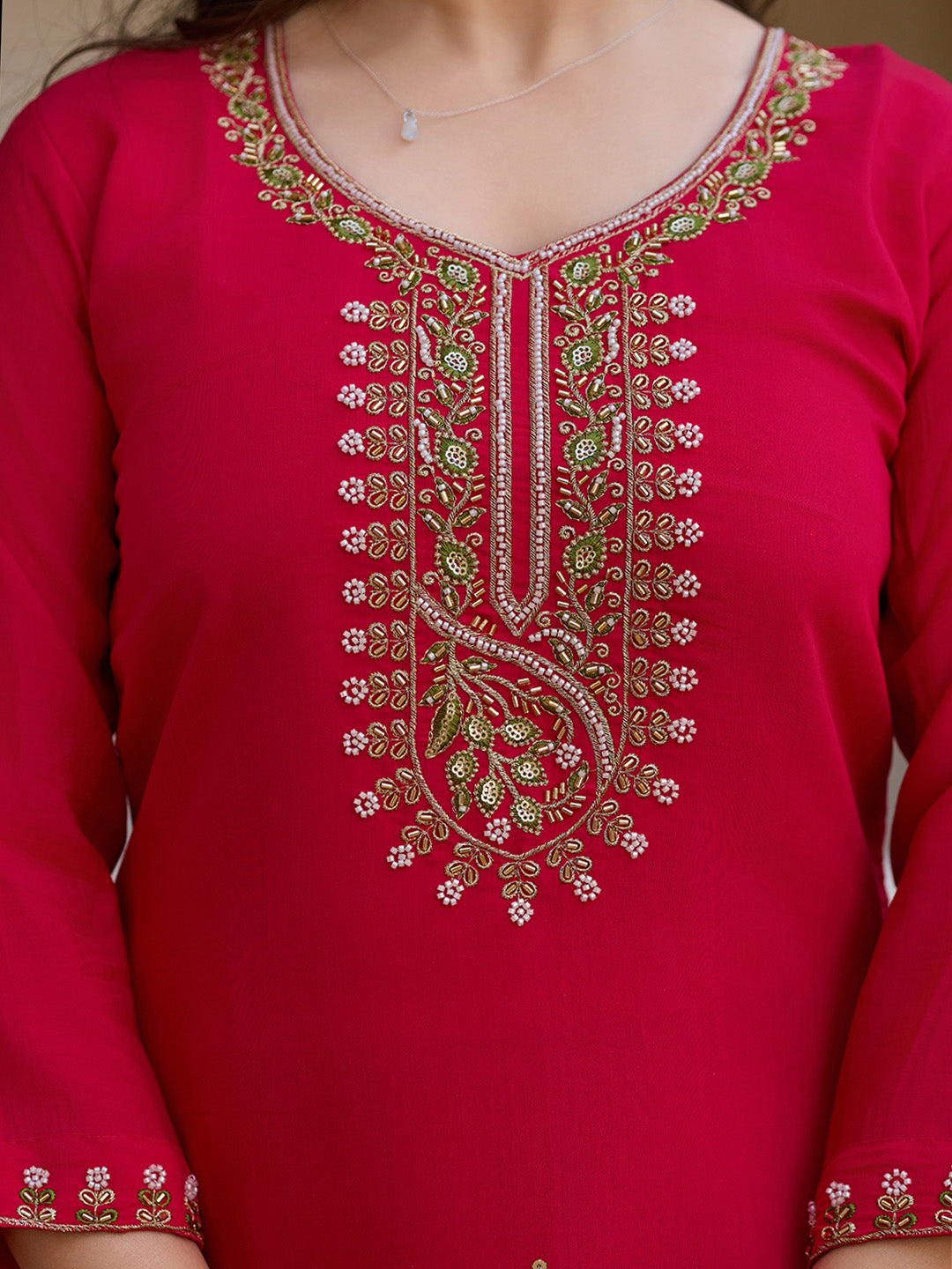 Neck Zari Embroidered Cotton Blend Kurta With Pants &amp; Dupatta