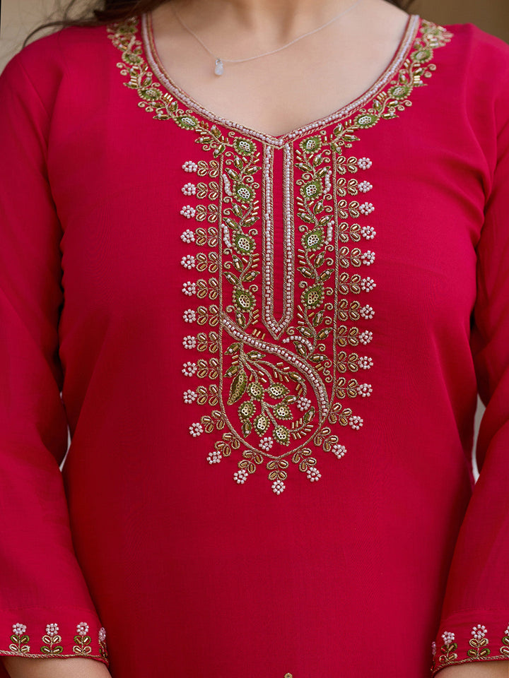 Neck Zari Embroidered Cotton Blend Kurta With Pants &amp; Dupatta