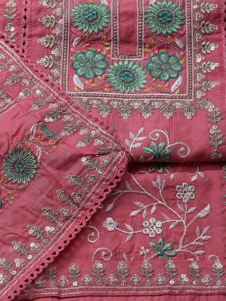 Embroidered Chanderi Unstitched Kurta With Pant &amp; Dupatta