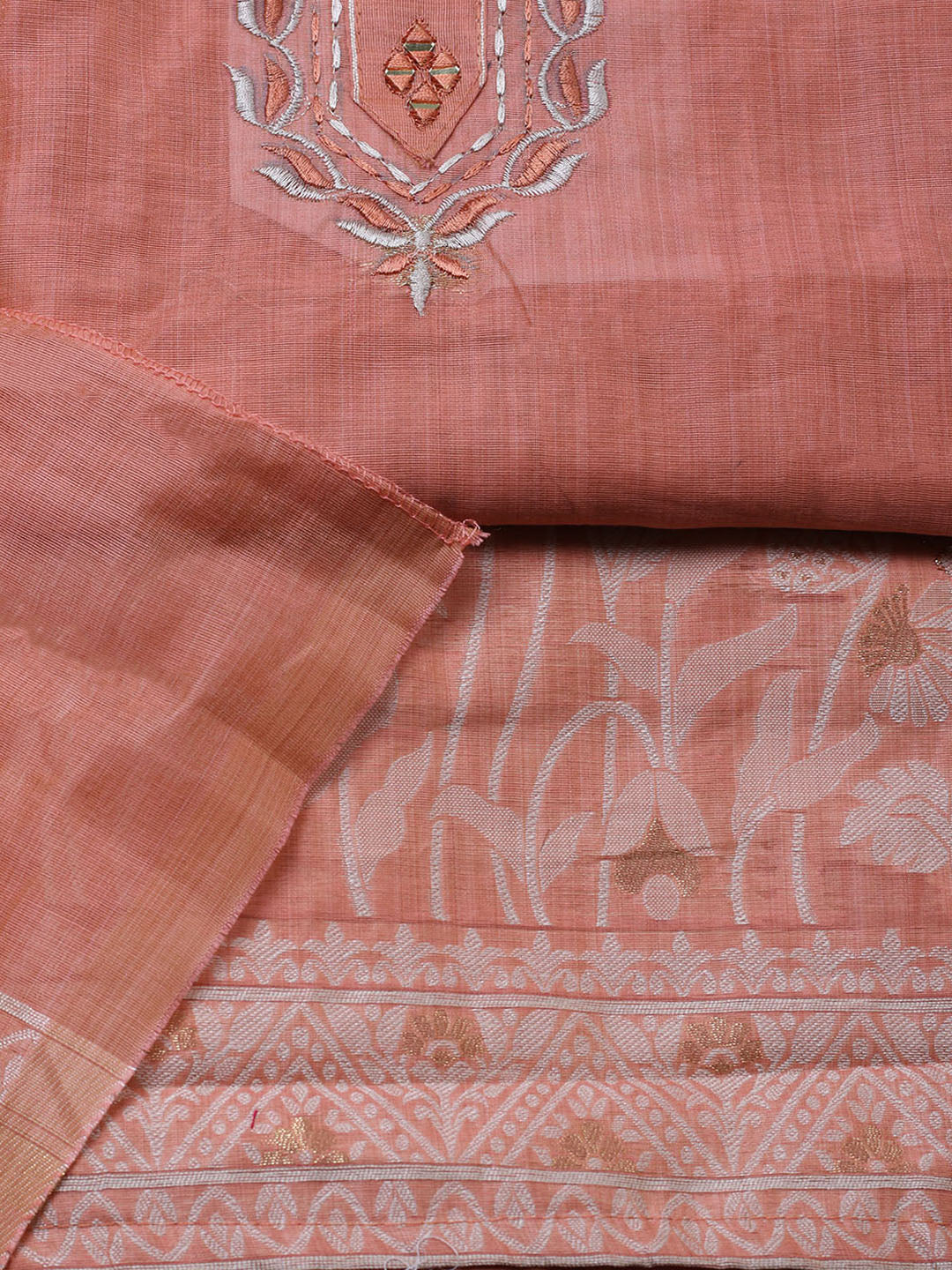 Embroidered Cotton Blend Unstitched Suit With Pant &amp; Dupatta