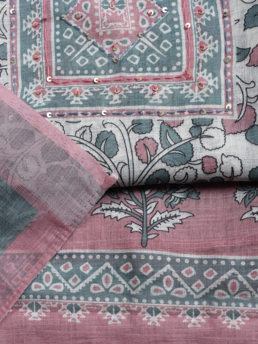 Printed Linen Blend Unstitched Suit With Pant &amp; Dupatta