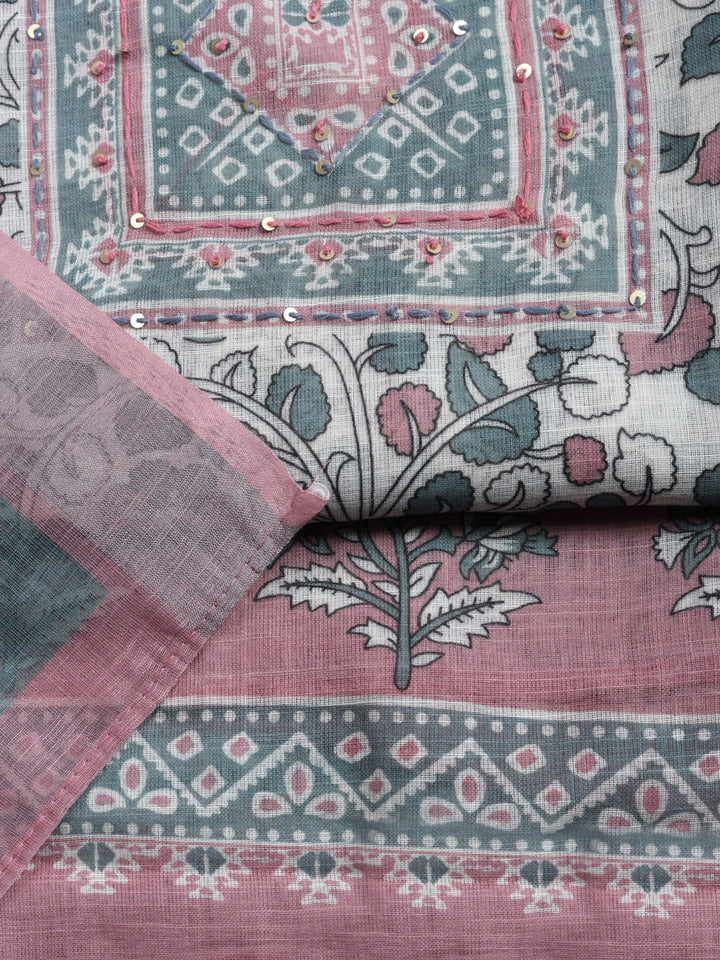 Printed Linen Blend Unstitched Suit With Pant &amp; Dupatta