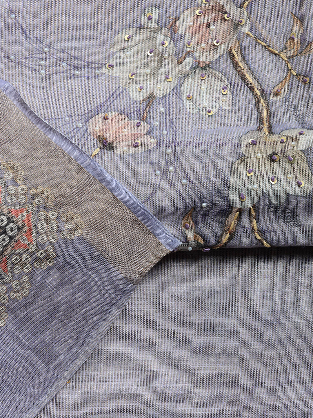 Printed Linen Blend Unstitched Suit With Pant &amp; Dupatta