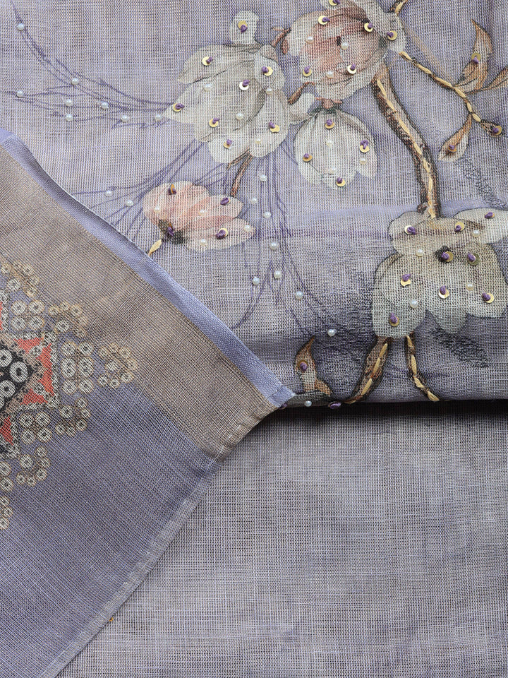 Printed Linen Blend Unstitched Suit With Pant &amp; Dupatta