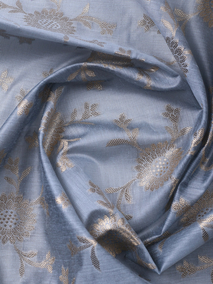 Grey Blue Woven Design Chanderi Unstitched Dress Material