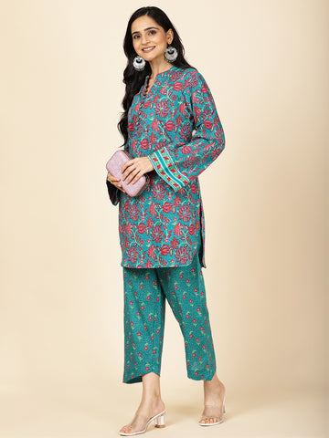 Floral Printed Cotton Kurti With Pants