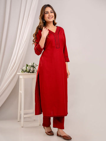 Neck Embroidery Cotton Kurta With Pants & Dupatta